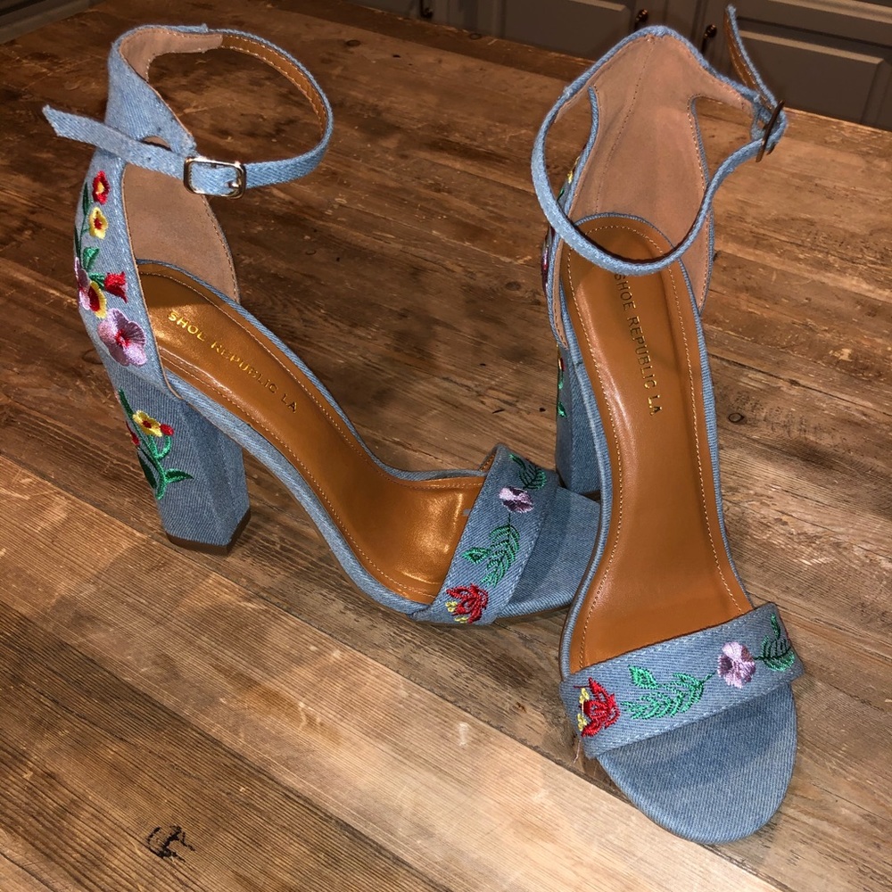 Embroidered denim heels